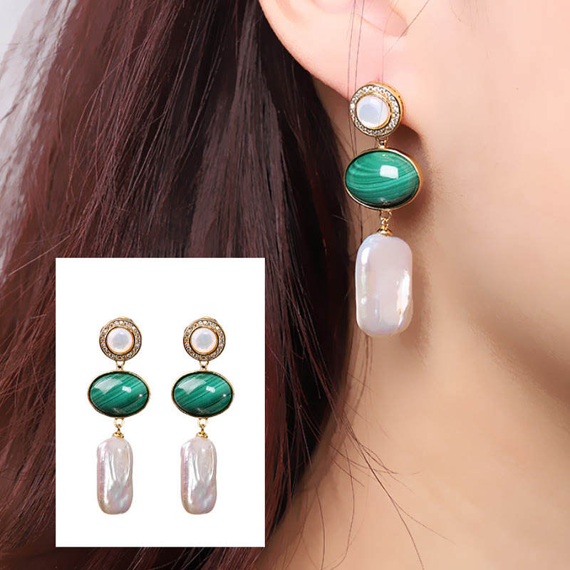 Orecchini pendenti Buddha Stones in argento sterling 925 con perle barocche naturali e malachite, saggezza curativa