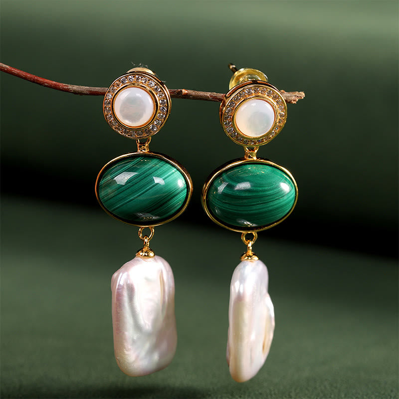 Orecchini pendenti Buddha Stones in argento sterling 925 con perle barocche naturali e malachite, saggezza curativa