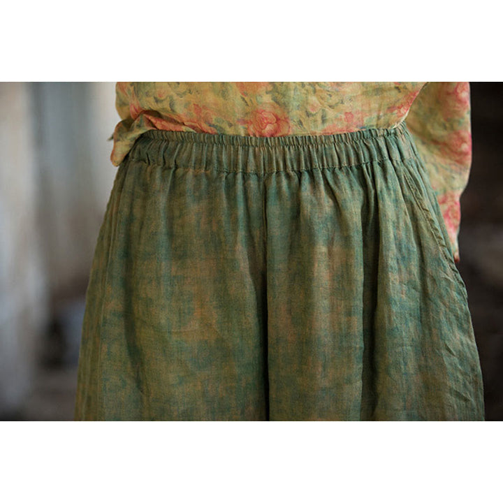 Pantaloni larghi con tasche e cintura flessibile in lino ramiè verde giallo Buddha Stones