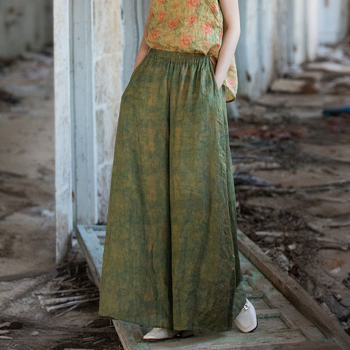 Pantaloni larghi con tasche e cintura flessibile in lino ramiè verde giallo Buddha Stones