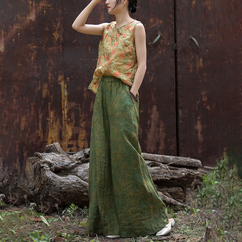 Pantaloni larghi con tasche e cintura flessibile in lino ramiè verde giallo Buddha Stones