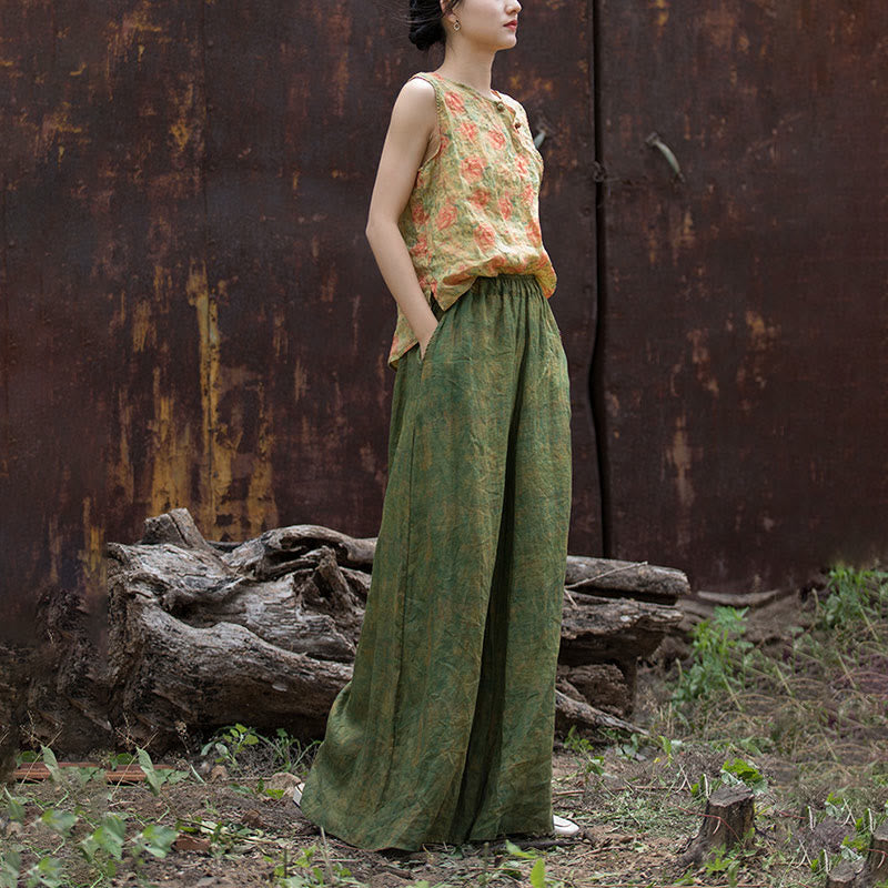 Pantaloni larghi con tasche e cintura flessibile in lino ramiè verde giallo Buddha Stones
