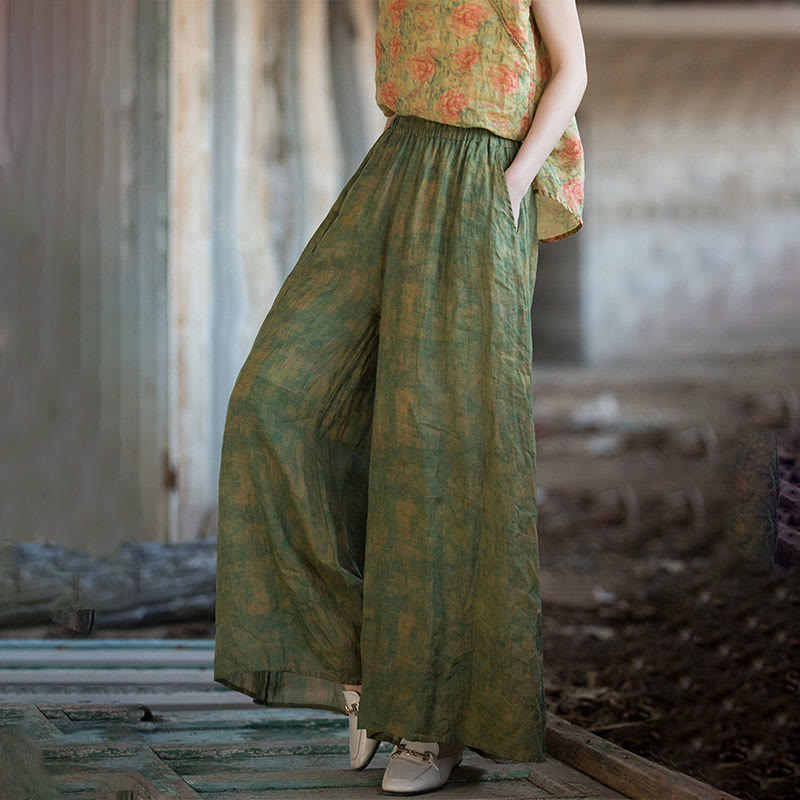 Pantaloni larghi con tasche e cintura flessibile in lino ramiè verde giallo Buddha Stones