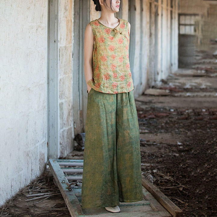 Pantaloni larghi con tasche e cintura flessibile in lino ramiè verde giallo Buddha Stones