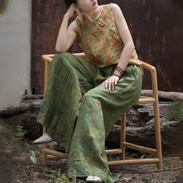 Pantaloni larghi con tasche e cintura flessibile in lino ramiè verde giallo Buddha Stones
