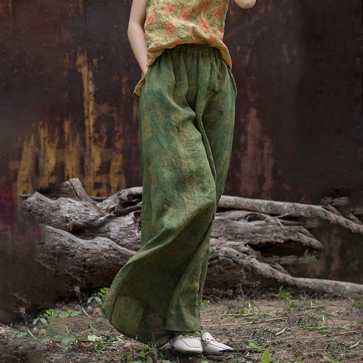 Pantaloni larghi con tasche e cintura flessibile in lino ramiè verde giallo Buddha Stones