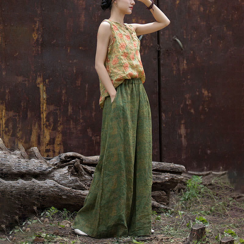 Pantaloni larghi con tasche e cintura flessibile in lino ramiè verde giallo Buddha Stones