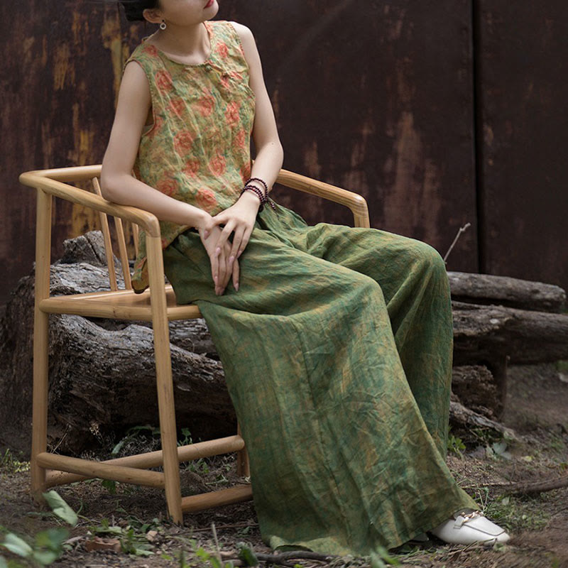 Pantaloni larghi con tasche e cintura flessibile in lino ramiè verde giallo Buddha Stones