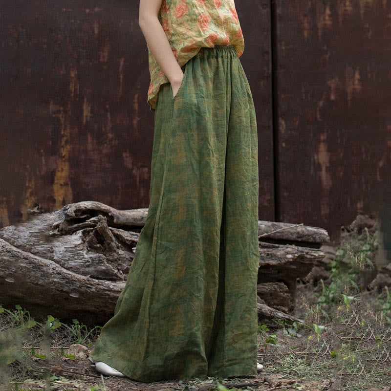 Pantaloni larghi con tasche e cintura flessibile in lino ramiè verde giallo Buddha Stones