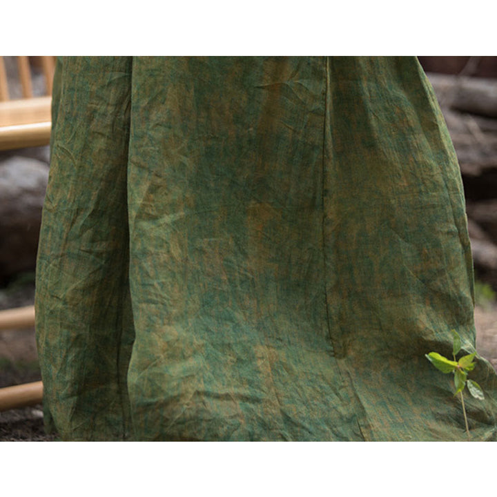 Pantaloni larghi con tasche e cintura flessibile in lino ramiè verde giallo Buddha Stones