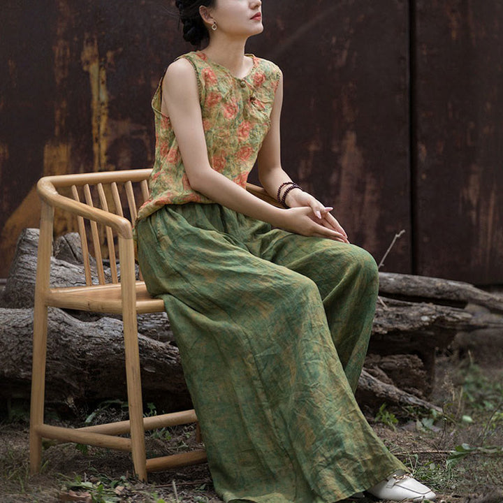 Pantaloni larghi con tasche e cintura flessibile in lino ramiè verde giallo Buddha Stones