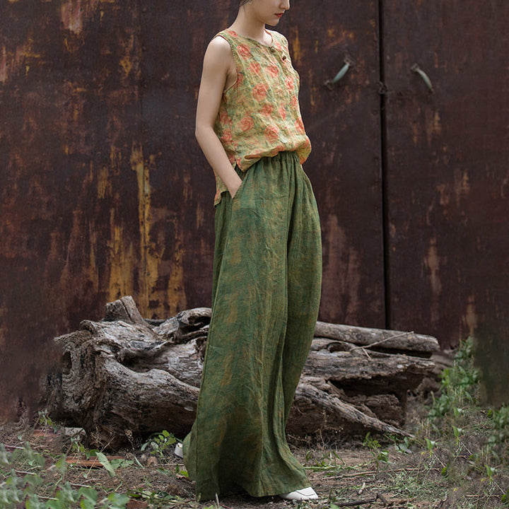 Pantaloni larghi con tasche e cintura flessibile in lino ramiè verde giallo Buddha Stones