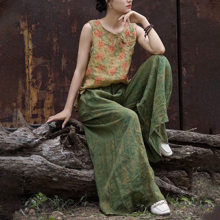 Pantaloni larghi con tasche e cintura flessibile in lino ramiè verde giallo Buddha Stones