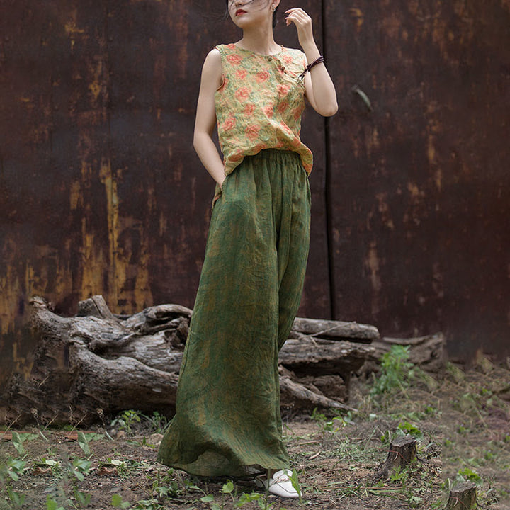 Pantaloni larghi con tasche e cintura flessibile in lino ramiè verde giallo Buddha Stones