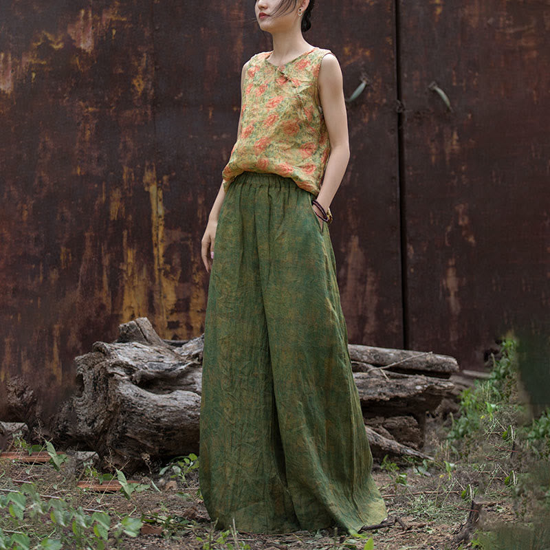 Pantaloni larghi con tasche e cintura flessibile in lino ramiè verde giallo Buddha Stones