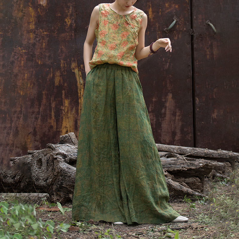 Pantaloni larghi con tasche e cintura flessibile in lino ramiè verde giallo Buddha Stones