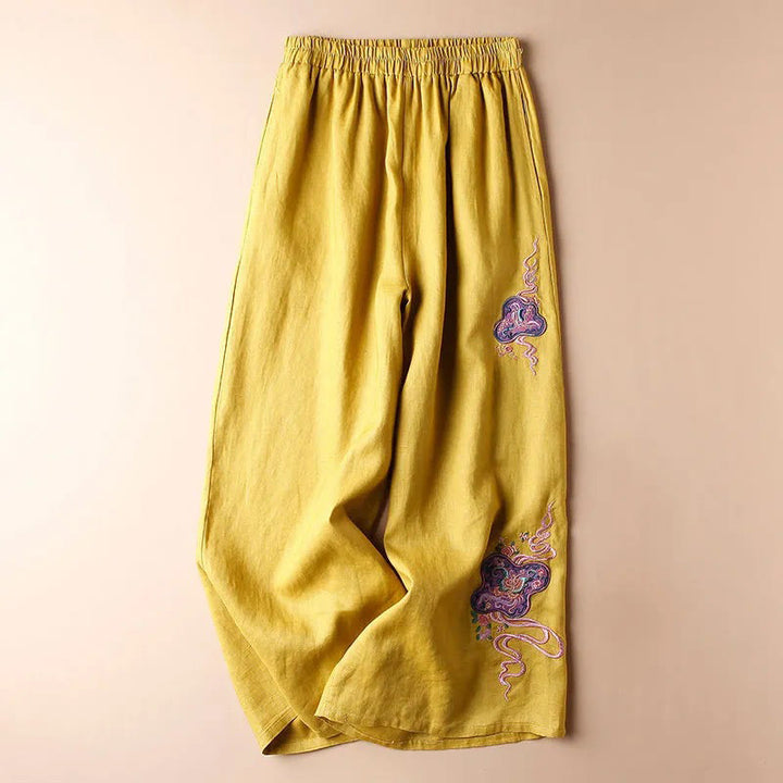 Pantaloni larghi a gamba larga con ricamo in lino e cotone, casual, con tasche, da donna , Buddha Stones