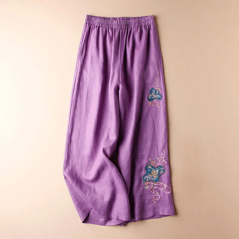 Pantaloni larghi a gamba larga con ricamo in lino e cotone, casual, con tasche, da donna , Buddha Stones