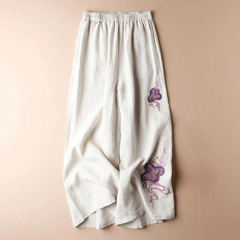 Pantaloni larghi a gamba larga con ricamo in lino e cotone, casual, con tasche, da donna , Buddha Stones