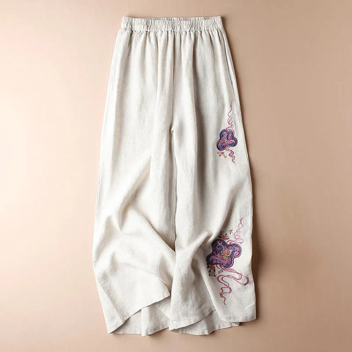 Pantaloni larghi a gamba larga con ricamo in lino e cotone, casual, con tasche, da donna , Buddha Stones