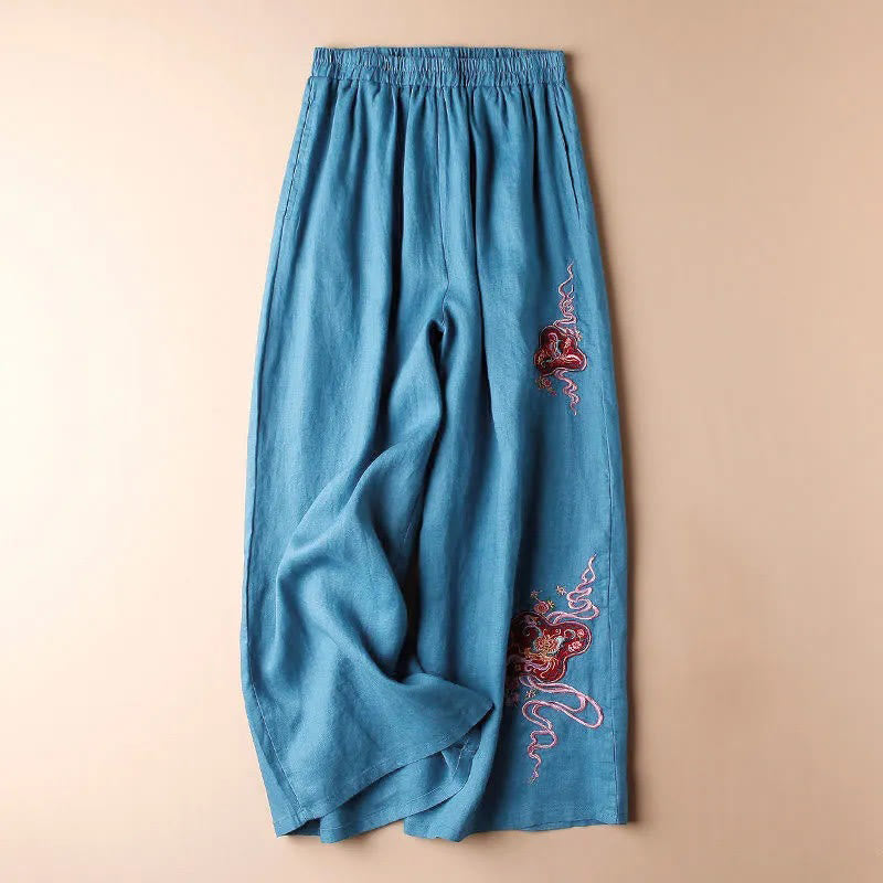 Pantaloni larghi a gamba larga con ricamo in lino e cotone, casual, con tasche, da donna , Buddha Stones - Blu - US12, UK/AU16, EU44 (3XL) - image 0