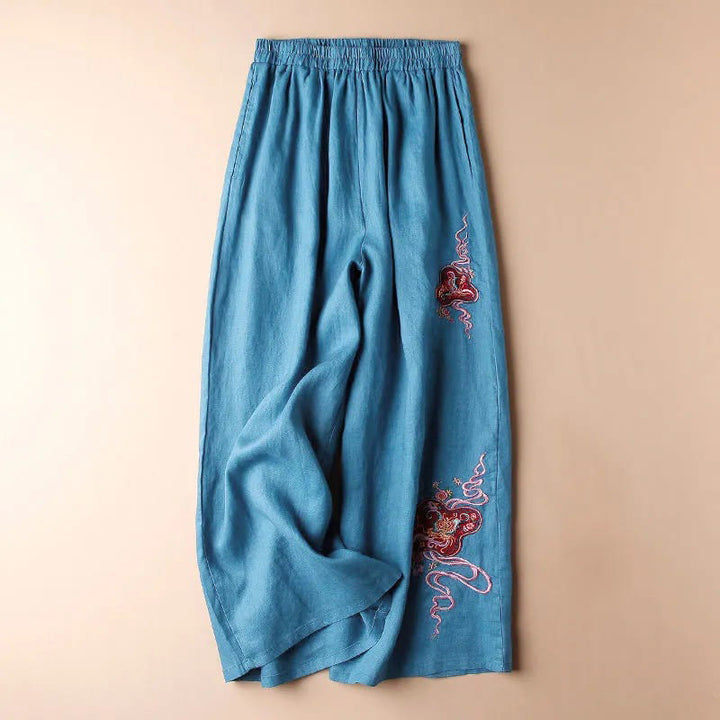 Pantaloni larghi a gamba larga con ricamo in lino e cotone, casual, con tasche, da donna , Buddha Stones