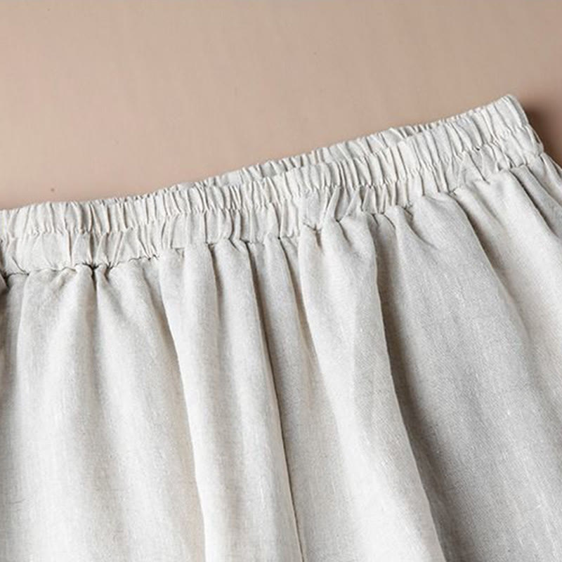 Pantaloni larghi a gamba larga con ricamo in lino e cotone, casual, con tasche, da donna , Buddha Stones