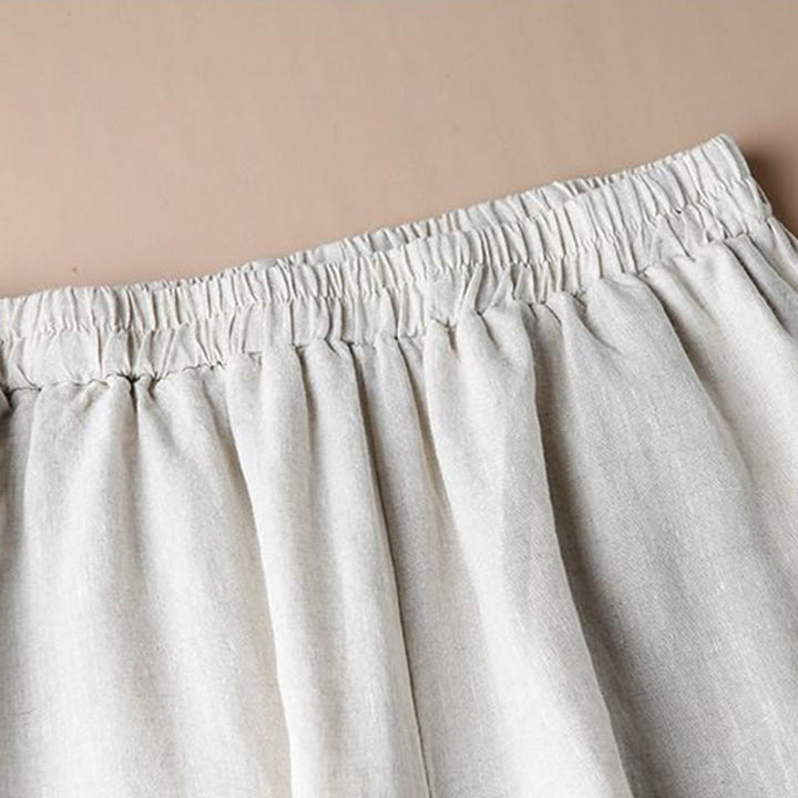 Pantaloni larghi a gamba larga con ricamo in lino e cotone, casual, con tasche, da donna , Buddha Stones