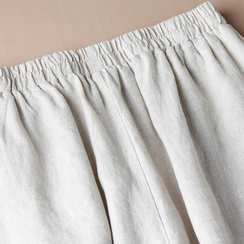 Pantaloni larghi a gamba larga con ricamo in lino e cotone, casual, con tasche, da donna , Buddha Stones