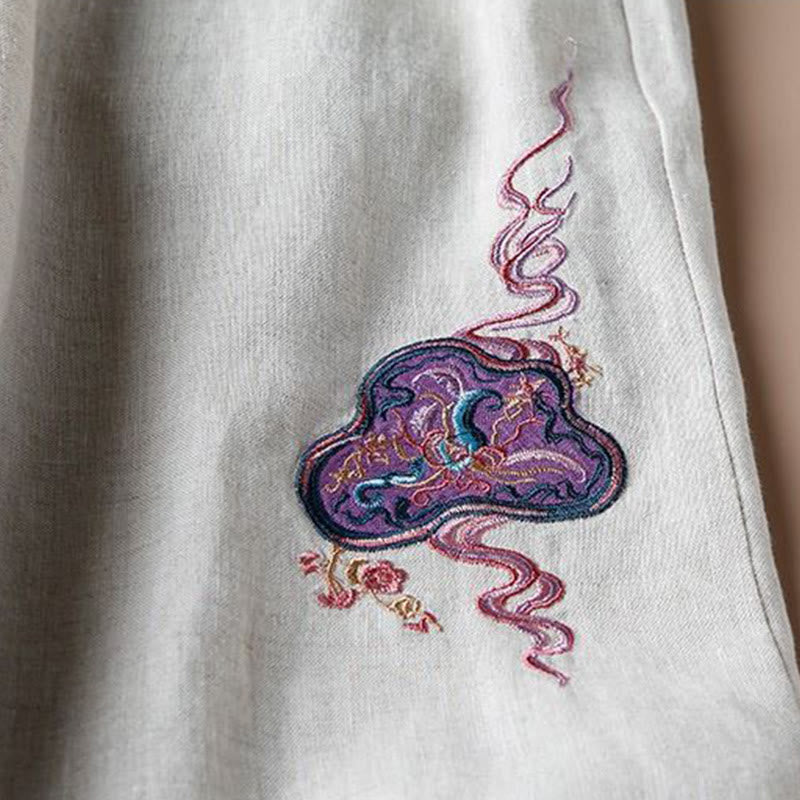 Pantaloni larghi a gamba larga con ricamo in lino e cotone, casual, con tasche, da donna , Buddha Stones