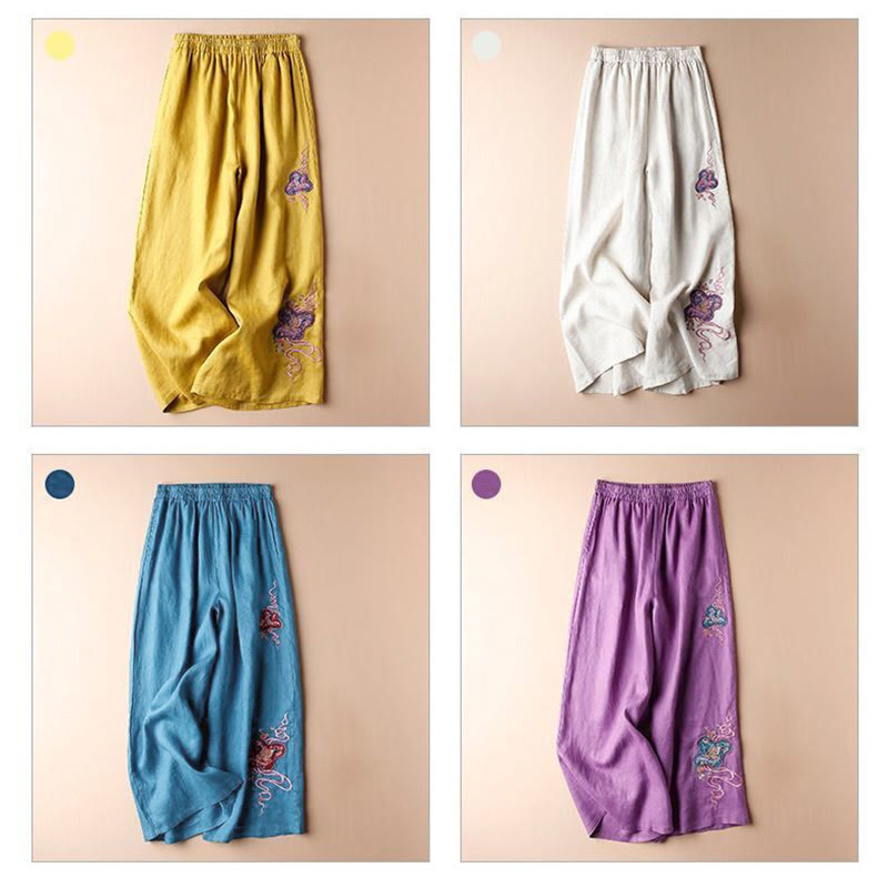 Pantaloni larghi a gamba larga con ricamo in lino e cotone, casual, con tasche, da donna , Buddha Stones