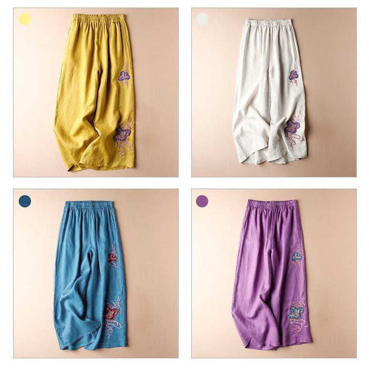 Pantaloni larghi a gamba larga con ricamo in lino e cotone, casual, con tasche, da donna , Buddha Stones