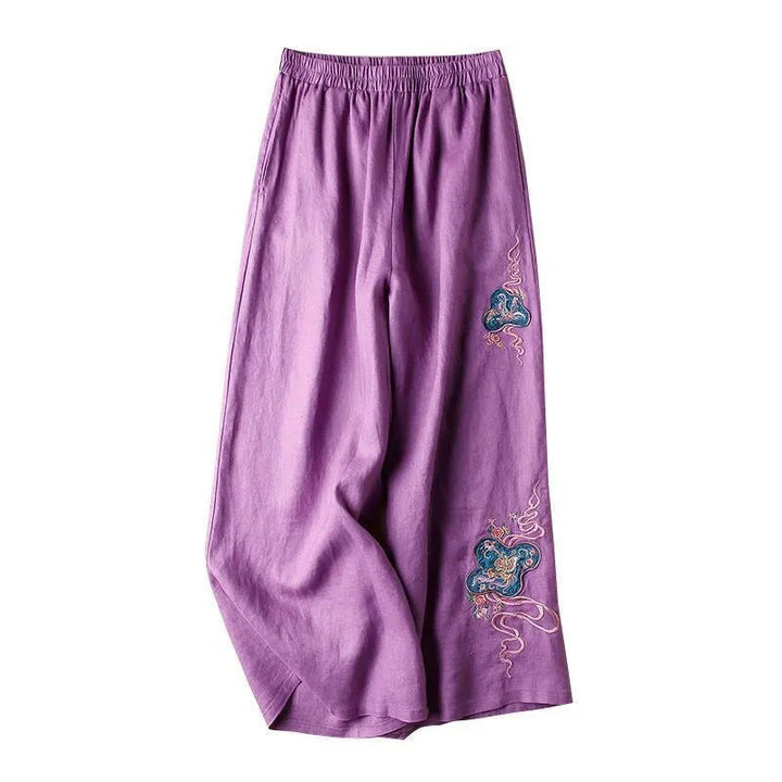 Pantaloni larghi a gamba larga con ricamo in lino e cotone, casual, con tasche, da donna , Buddha Stones