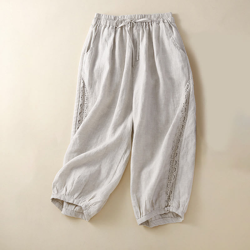 Pantaloni harem larghi con coulisse e tasche, tinta unita, con motivo floreale Buddha Stones. - Beige - US8-10, UK/AU12-14, EU40-42 (2XL) - image 0