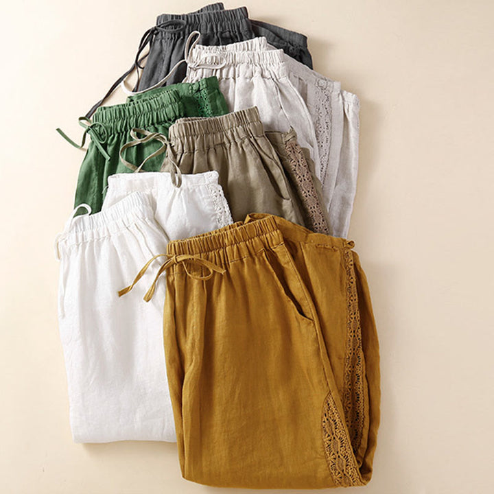 Pantaloni harem larghi con coulisse e tasche, motivo floreale in tinta unita con Buddha Stones - image 34