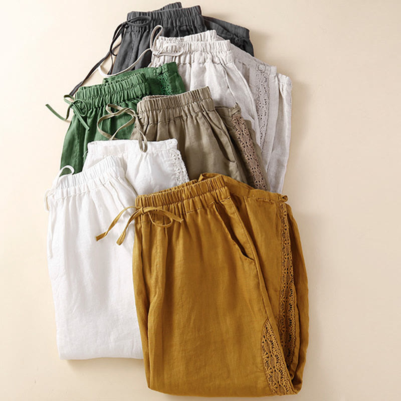 Pantaloni harem larghi con coulisse e tasche, tinta unita, con motivo floreale Buddha Stones. - image 34