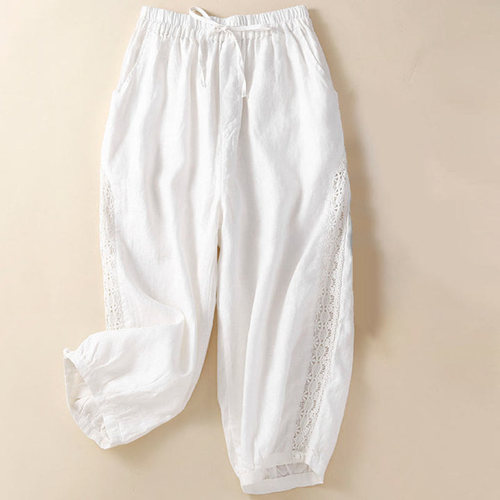 Pantaloni harem larghi con coulisse e tasche, tinta unita, con motivo floreale Buddha Stones. - image 10