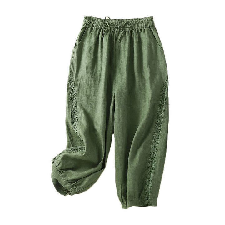 Pantaloni harem larghi con coulisse e tasche, motivo floreale in tinta unita con Buddha Stones - image 24