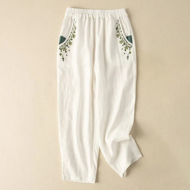 Pantaloni harem Capri con elastico in vita e tasche, ricamo vintage con Buddha Stones - Bianco - US14, UK/AU18, EU46 (4XL) - image 4