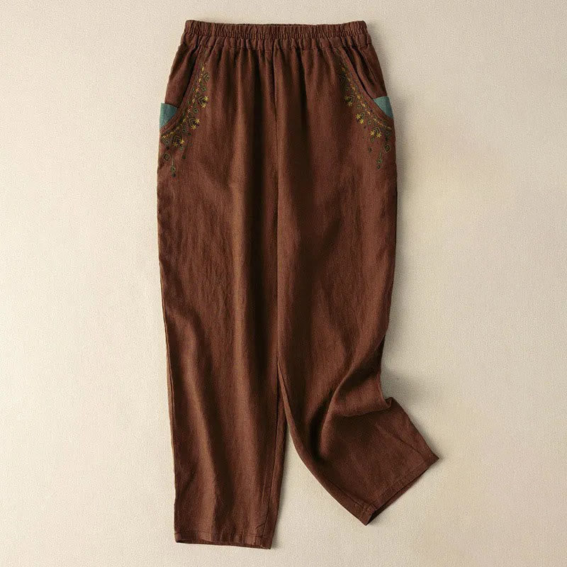 Pantaloni harem Capri con elastico in vita e tasche, ricamo vintage con Buddha Stones - Marrone - US14, UK/AU18, EU46 (4XL) - image 10