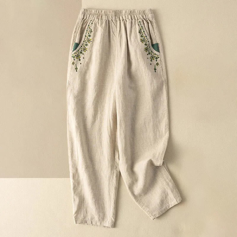 Pantaloni harem Capri con elastico in vita e tasche, ricamo vintage con Buddha Stones - Albicocca - US14, UK/AU18, EU46 (4XL) - image 12