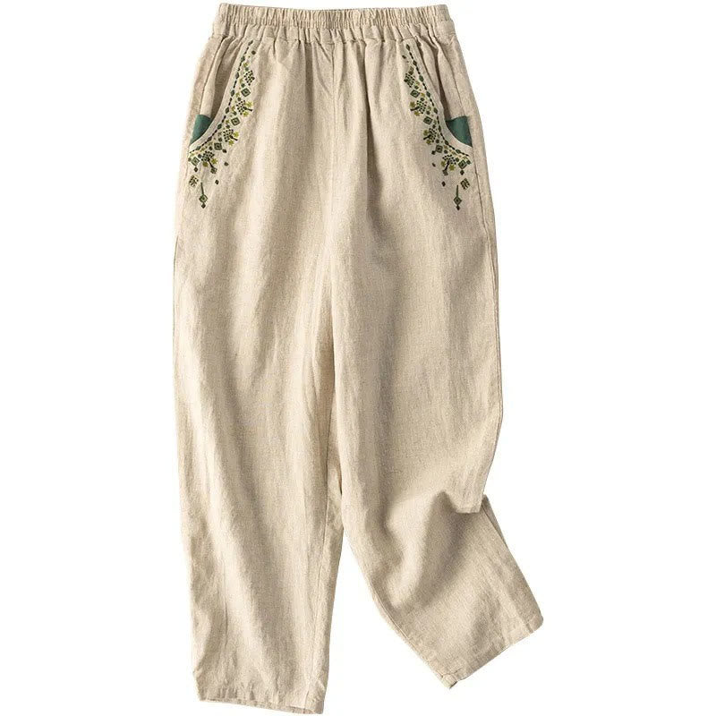 Pantaloni harem Capri con elastico in vita e tasche, ricamo vintage con Buddha Stones - image 18