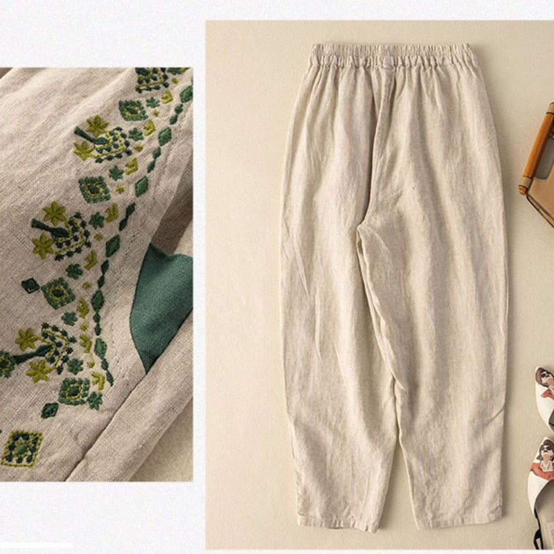 Pantaloni harem Capri con elastico in vita e tasche, ricamo vintage con Buddha Stones - image 15