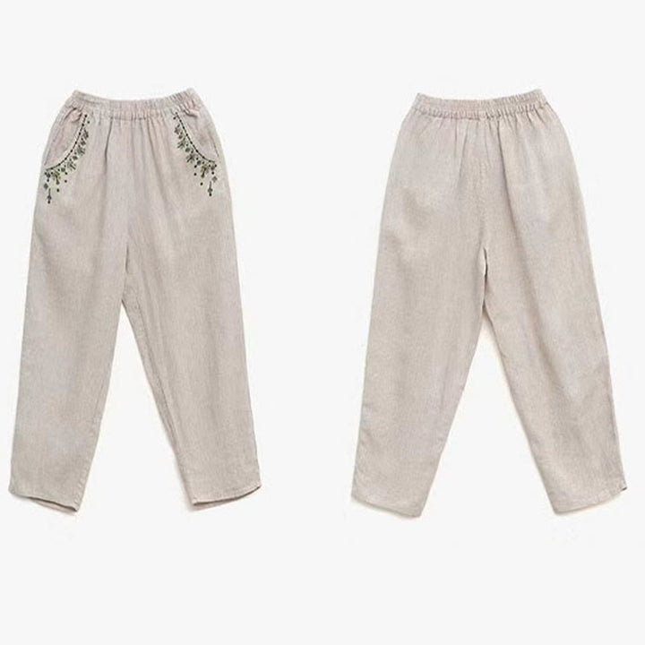 Pantaloni harem Capri con elastico in vita e tasche, ricamo vintage con Buddha Stones - image 24