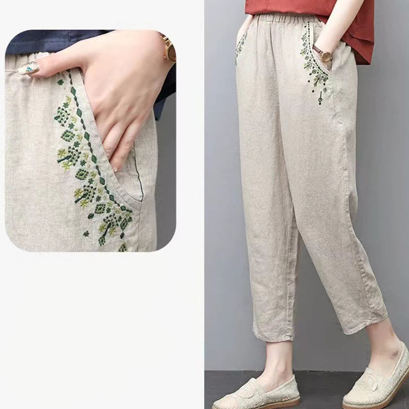Pantaloni harem Capri con elastico in vita e tasche, ricamo vintage con Buddha Stones - image 21
