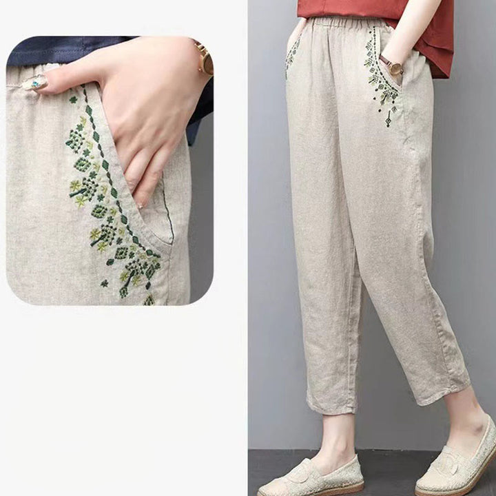 Pantaloni harem Capri con elastico in vita e tasche, ricamo vintage con Buddha Stones - image 23