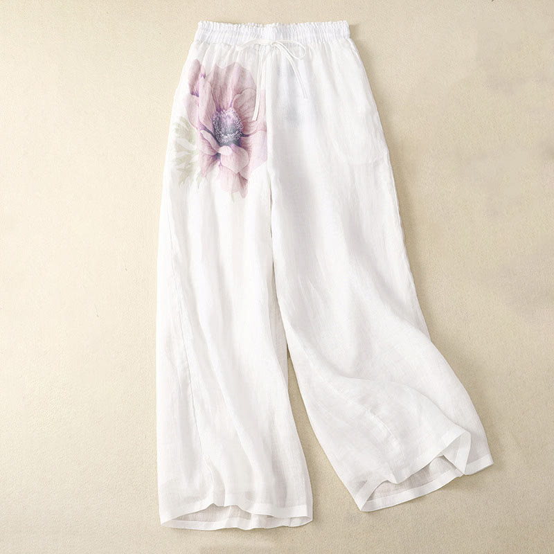 Pantaloni a gamba larga con coulisse in cotone e lino con stampa floreale Buddha Stones tasche a vita alta - Bianco - US12, UK/AU16, EU44 (2XL) - image 0