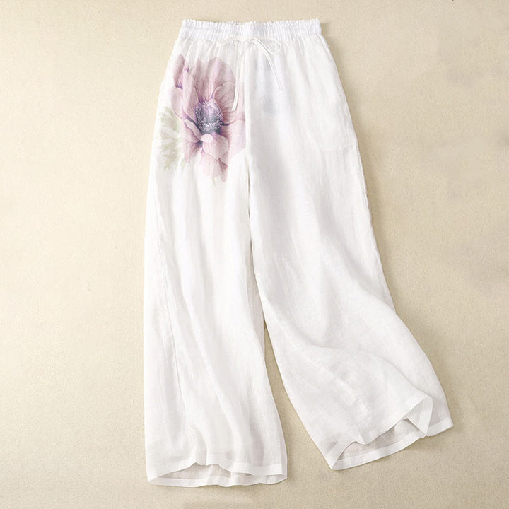 Pantaloni a gamba larga con coulisse in cotone e lino con stampa floreale Buddha Stones tasche a vita alta - Bianco - US12, UK/AU16, EU44 (2XL) - image 0