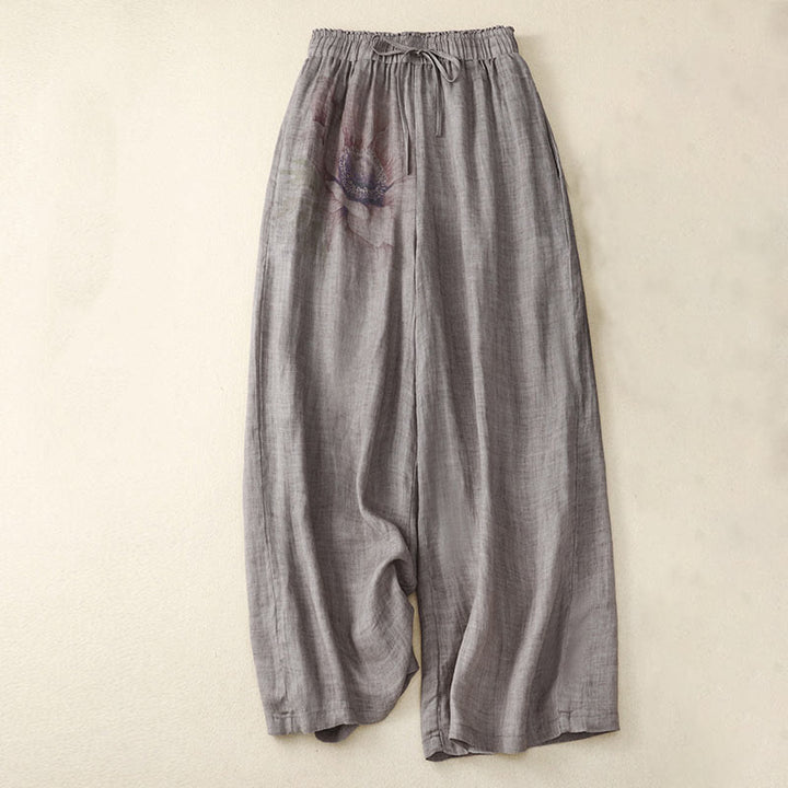 Pantaloni a gamba larga con coulisse in cotone e lino con stampa floreale Buddha Stones tasche a vita alta - Grigio - US12, UK/AU16, EU44 (2XL) - image 6