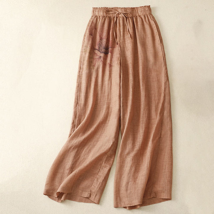 Pantaloni a gamba larga con coulisse in cotone e lino con stampa floreale Buddha Stones tasche a vita alta - Arancia - US12, UK/AU16, EU44 (2XL) - image 13